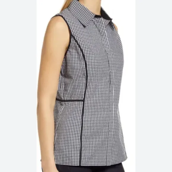 NWT Ming Wang Gingham Collared Sleeveless Button Down Blouse, Black & Wh…